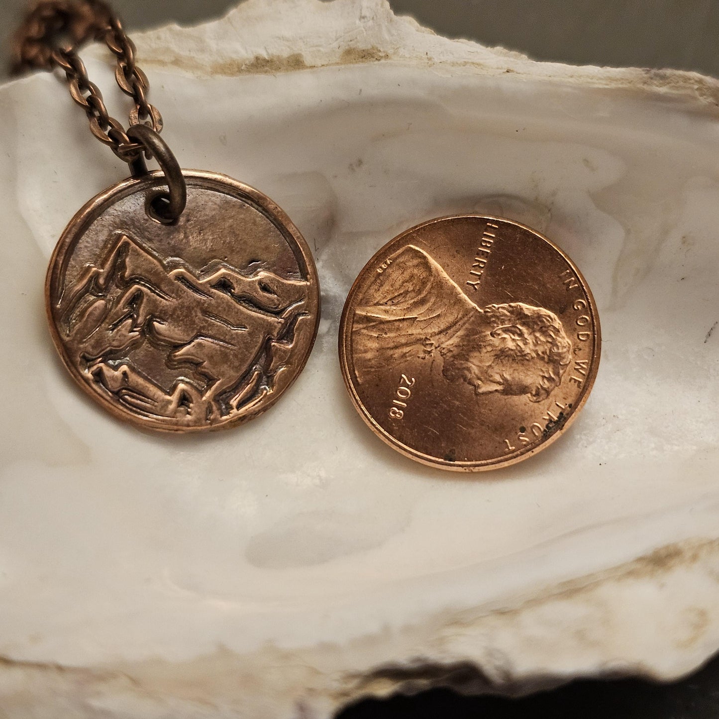 Mountain Scene Pure Copper Stamped Pendant Great Gift Made in USA