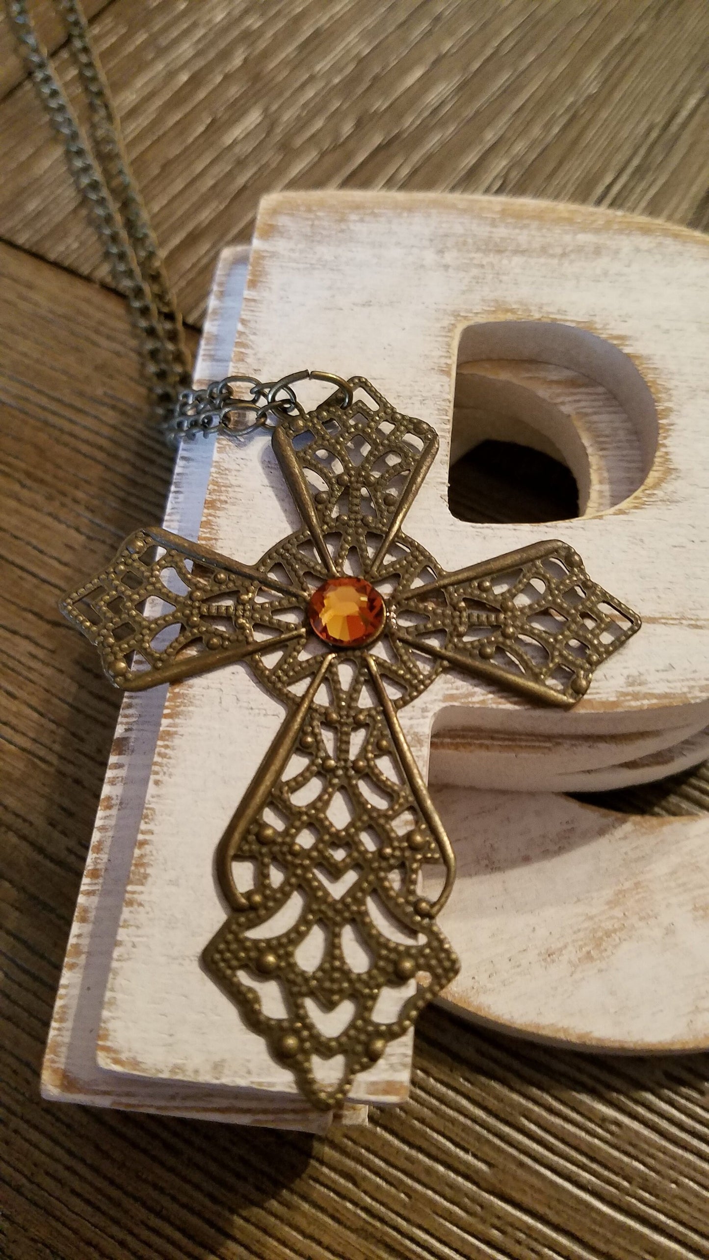 Filigree Cross with Amber Crystal Gem Necklace