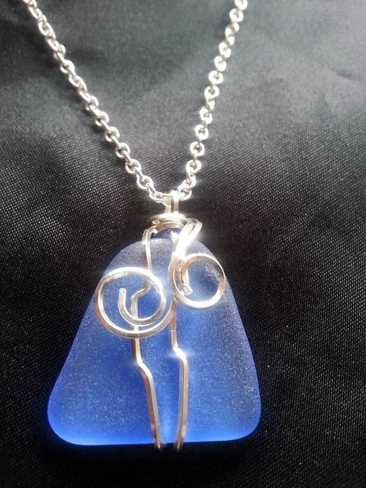 Silver Wire Wrapped Sea Glass Stone Necklace