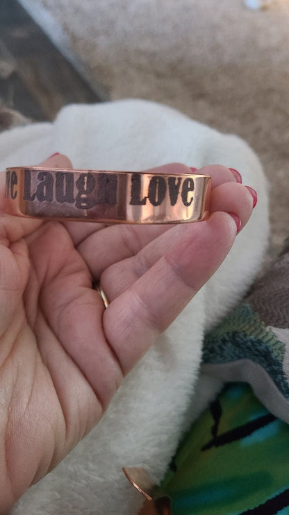 Handmade Copper Engraved Cuff Bracelet "Live Laugh Love" Adjustable Fit