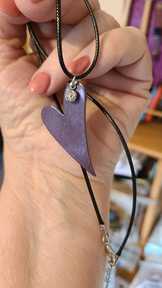 Handmade Enameled Whimsical Purple Heart Necklace