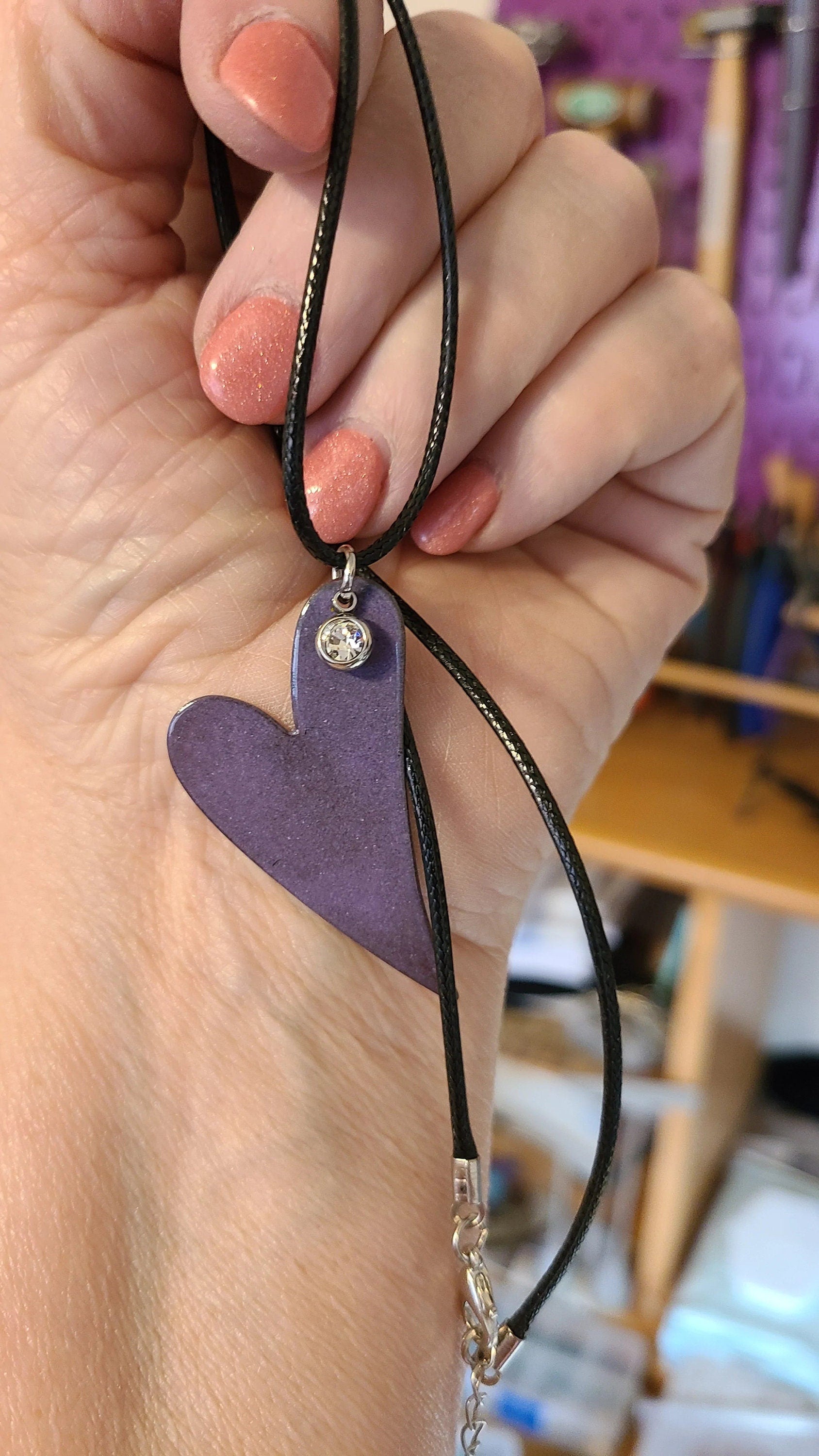 Handmade Enameled Whimsical Purple Heart Necklace