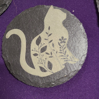 4 Slate Tile Lasered Coasters - Feline Persuasion