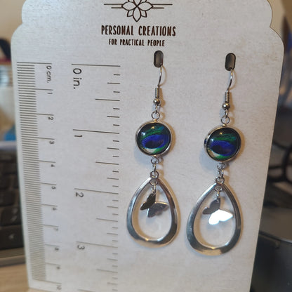 New Moon and Drop Platinum Tone Earrings with 12mm Glass Cabochon