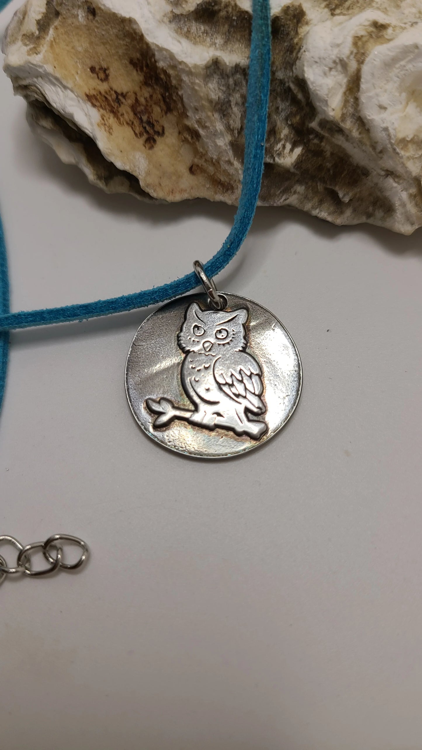 Handmade Pure Silver Owl Necklace Blue Suede Cord Great Gift Made in USA