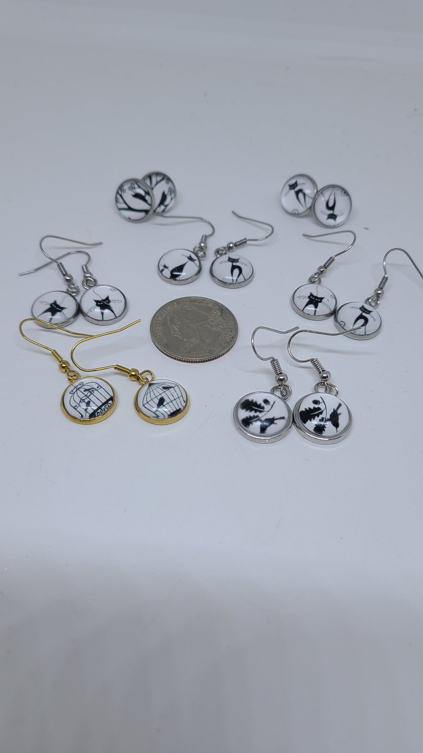 Handmade Whimsical Cats and Birds Earrings