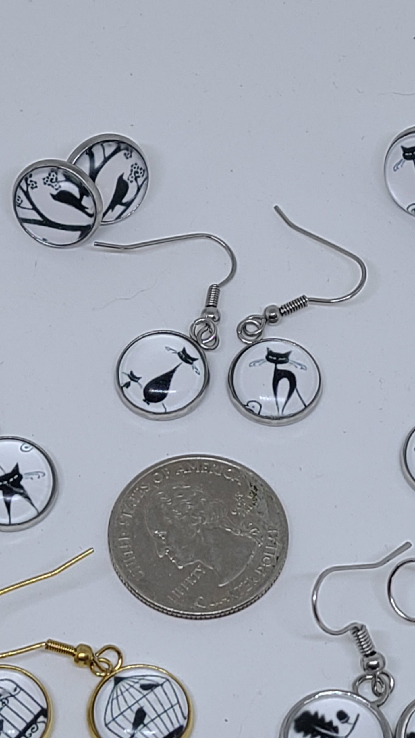 Handmade Whimsical Cats and Birds Earrings