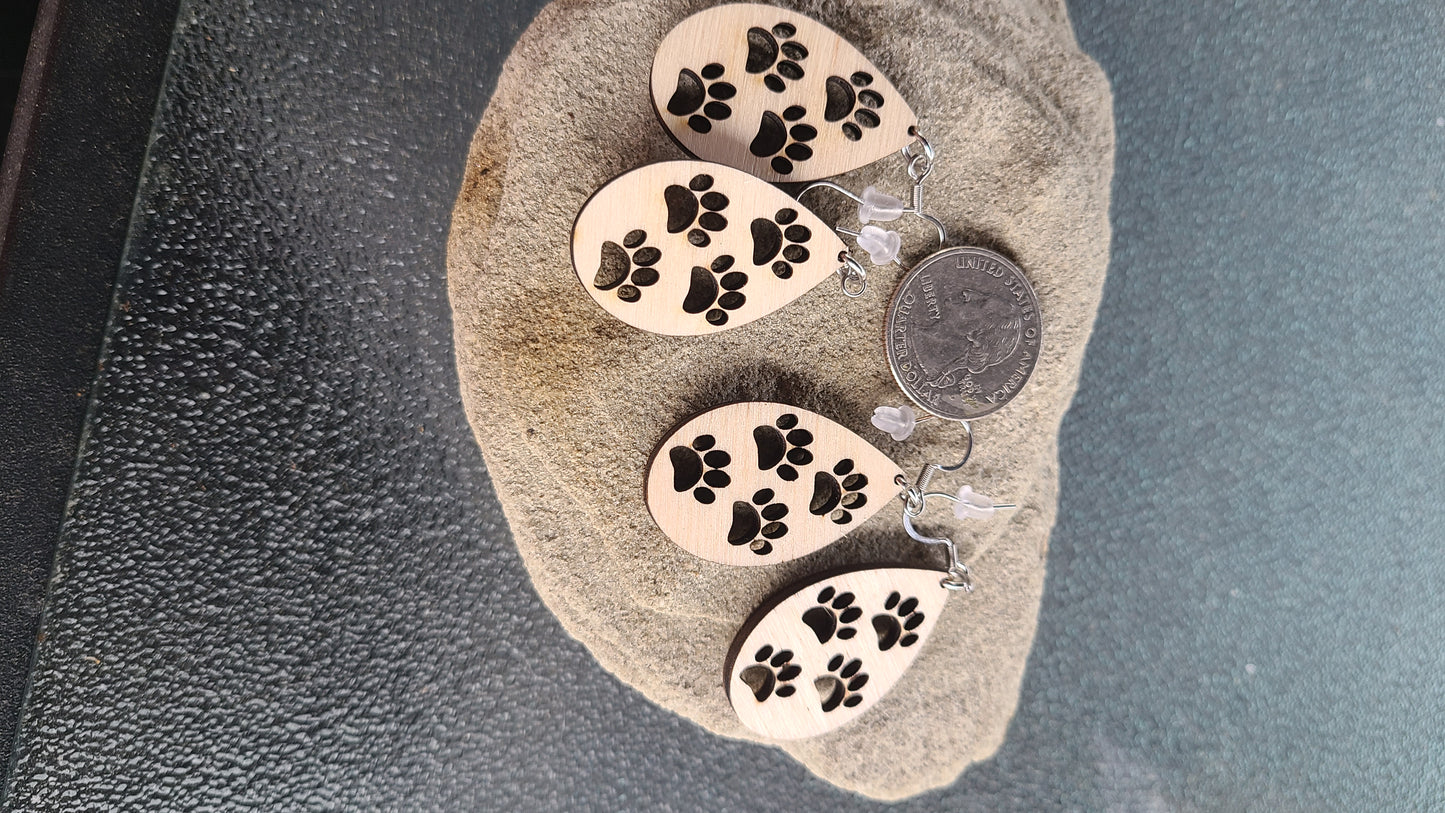 Handmade Balsa Wood Puppy Paw Earrings Great Gift, Made in USA