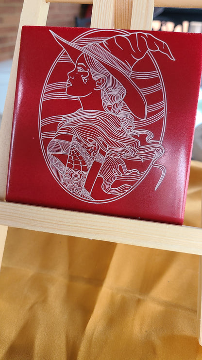 Tile Lasered Coasters Red with Witch