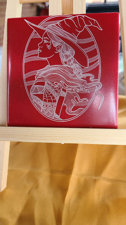 Tile Lasered Coasters Red with Witch