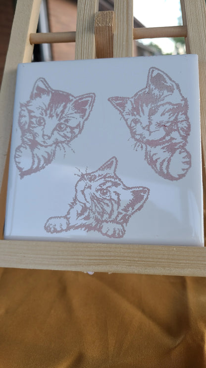 Tile Lasered Coasters - Curious Kittens