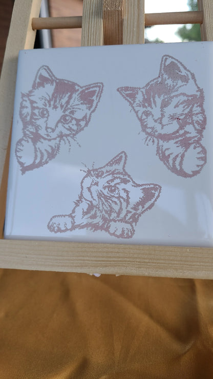 Tile Lasered Coasters - Curious Kittens