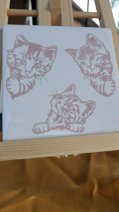 Tile Lasered Coasters - Curious Kittens