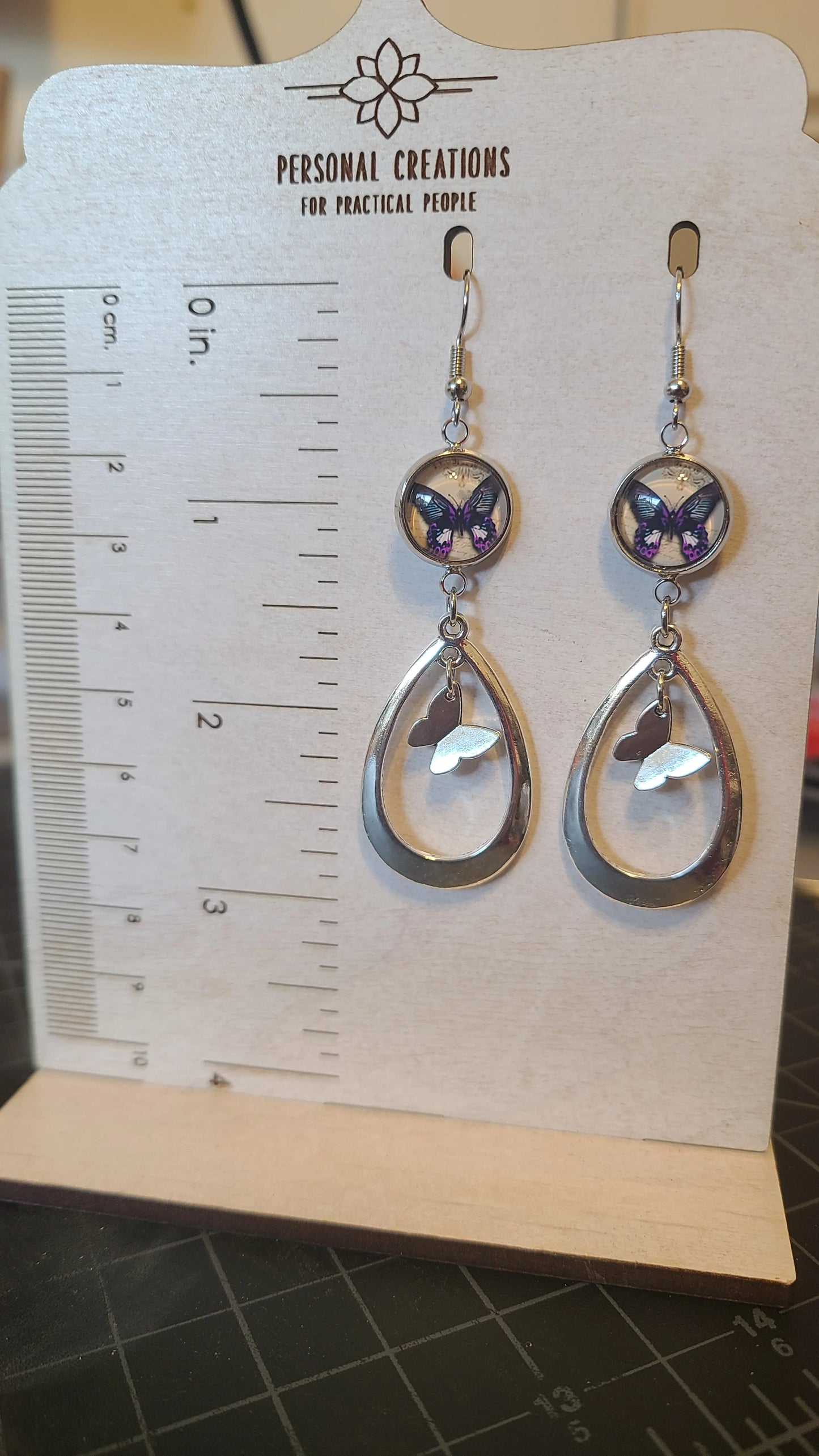 New Moon and Drop Platinum Tone Earrings with 12mm Glass Cabochon