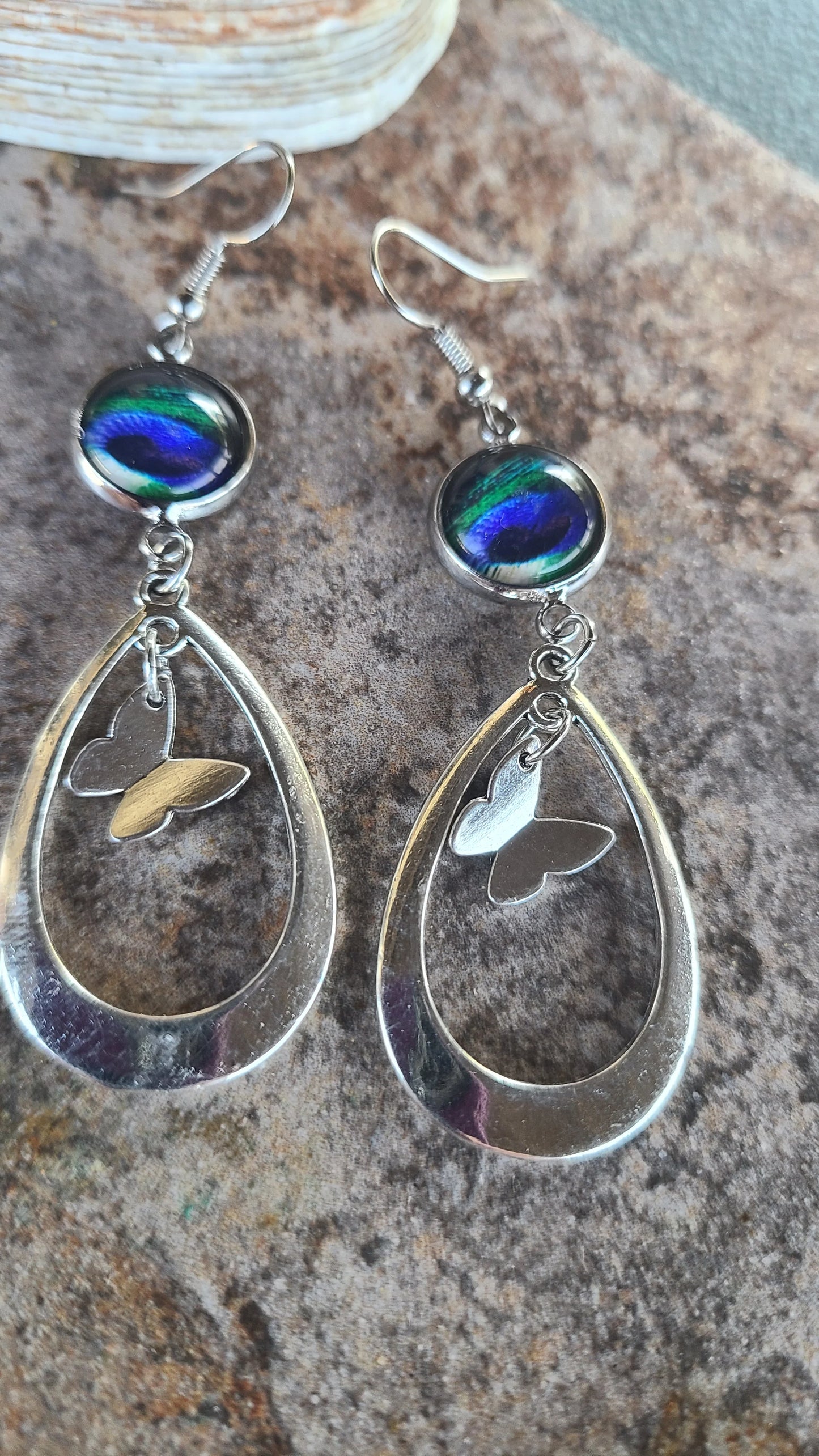 New Moon and Drop Platinum Tone Earrings with 12mm Glass Cabochon