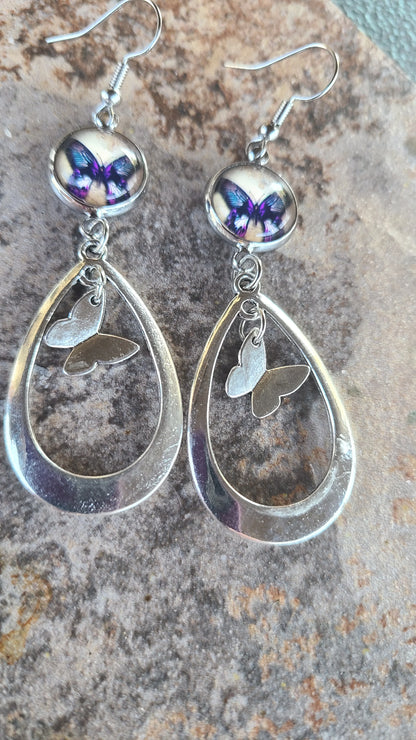 New Moon and Drop Platinum Tone Earrings with 12mm Glass Cabochon