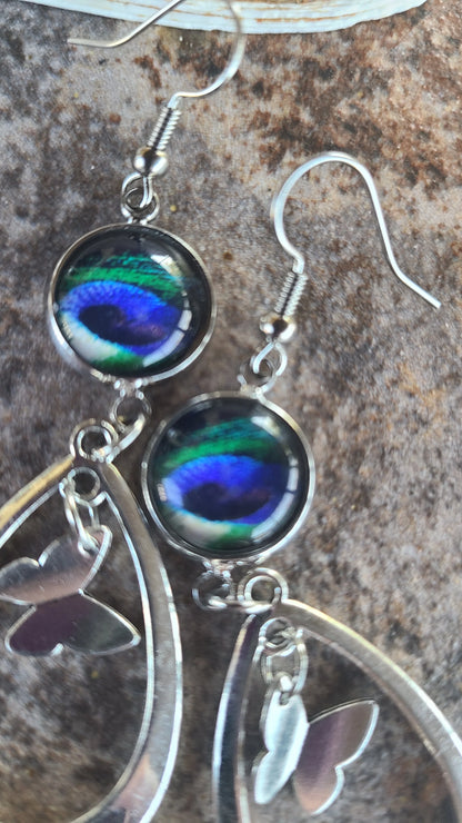 New Moon and Drop Platinum Tone Earrings with 12mm Glass Cabochon