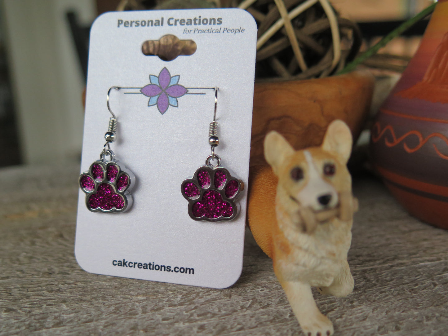 Handmade Glistening Puppy or Kitty Paw Earrings