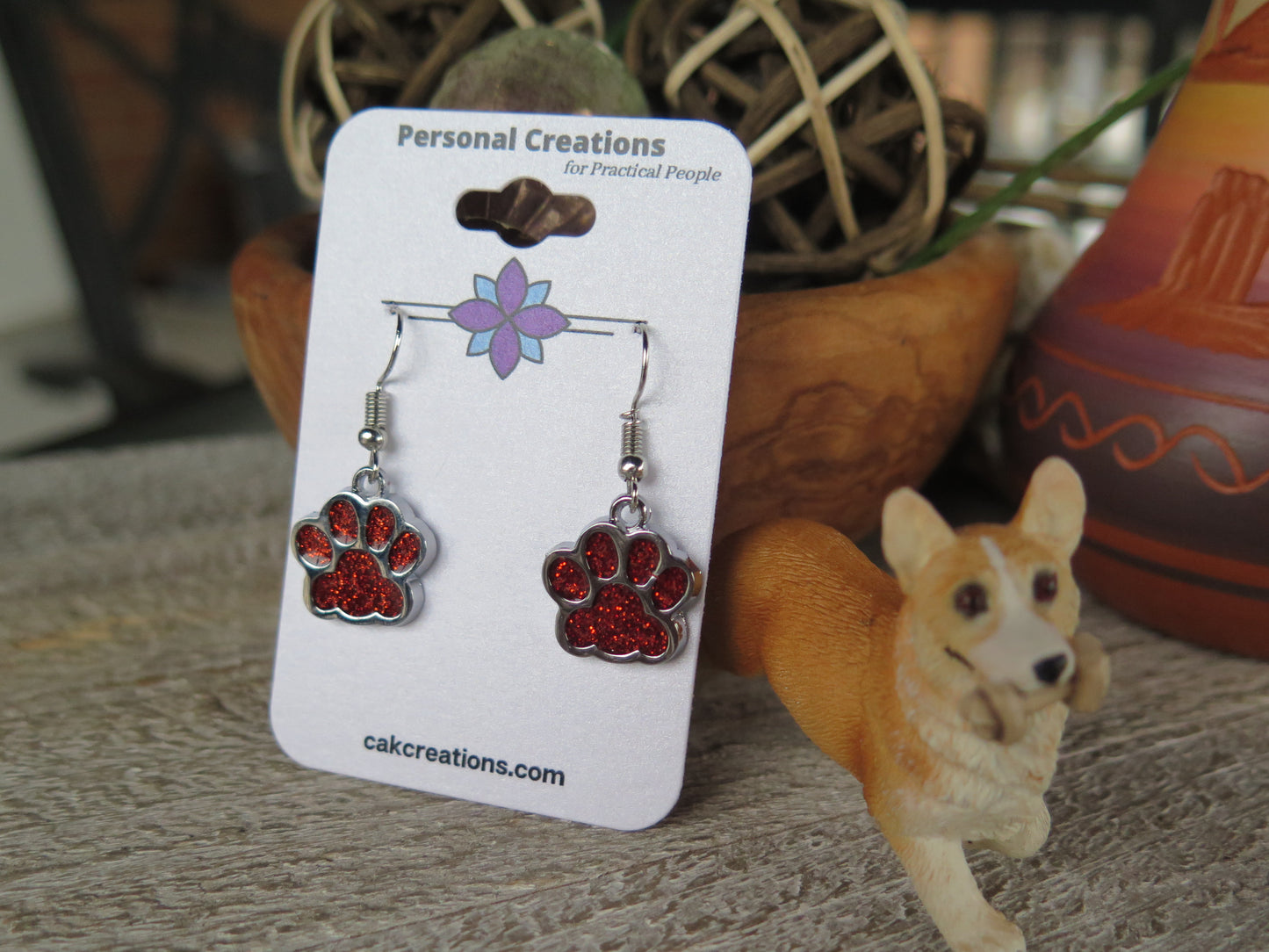 Handmade Glistening Puppy or Kitty Paw Earrings