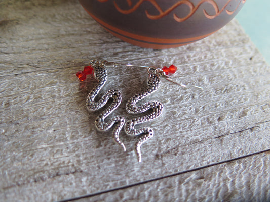 Handmade Snake and Red Gem Earrings