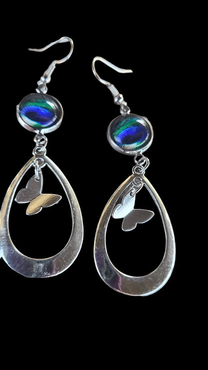 New Moon and Drop Platinum Tone Earrings with 12mm Glass Cabochon